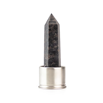 Astrophyllite attachment for Laterra Gemstone Water Bottle, polished crystal point in metal base on white background.